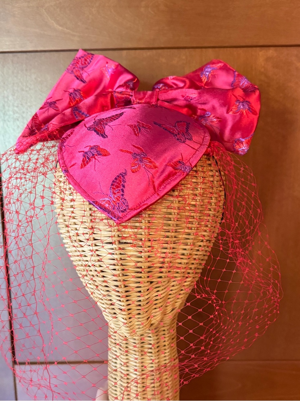 Vintage red  Satin Butterfly Fascinator with Veil